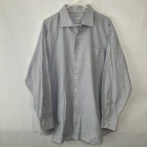 Peter Millar Button Up Shirt Mens Size XXL 2XL Orange Blue Plaid Long Sleeve EUC